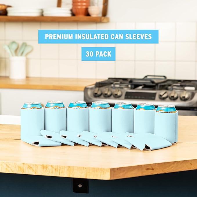 Blank Beer Can Coolers Sleeves (30-Pack) Soft Insulated Beer Can Coolies - HTV Friendly Plain Koolies in Bulk for Beer Cans  Bottles - Coolie Blanks for Vinyl Projects  Wedding Favors (Light Blue)