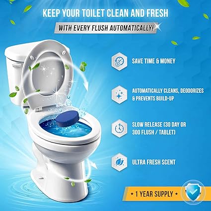 ACTIVE Automatic Toilet Bowl Cleaner Tablets Blue Gel Toilet Tank Cleaners, Septic-Safe Hard Water Ring Stain Remover, Smell Eliminator Heavy Duty Toilet Cleaning  Deodorizer, Fresh Scent - 12 Tabs
