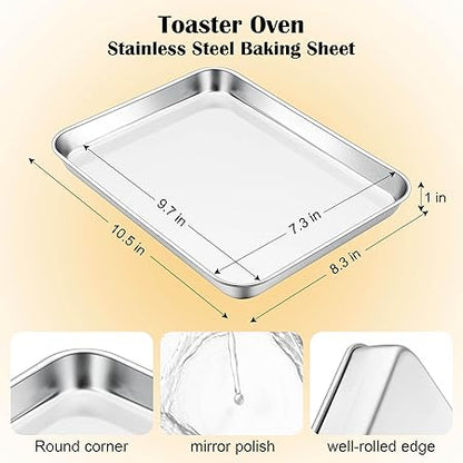 E-far Toaster Oven Tray, 10.5x8.3 Stainless Steel Small Baking Cookie Sheet, Compact Non-toxic Metal Baking Pan for Cake, Healthy  Rust Free, Mirror Finish  Dishwasher Safe, 1 Pack