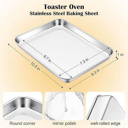 E-far Toaster Oven Tray, 10.5x8.3 Stainless Steel Small Baking Cookie Sheet, Compact Non-toxic Metal Baking Pan for Cake, Healthy  Rust Free, Mirror Finish  Dishwasher Safe, 1 Pack