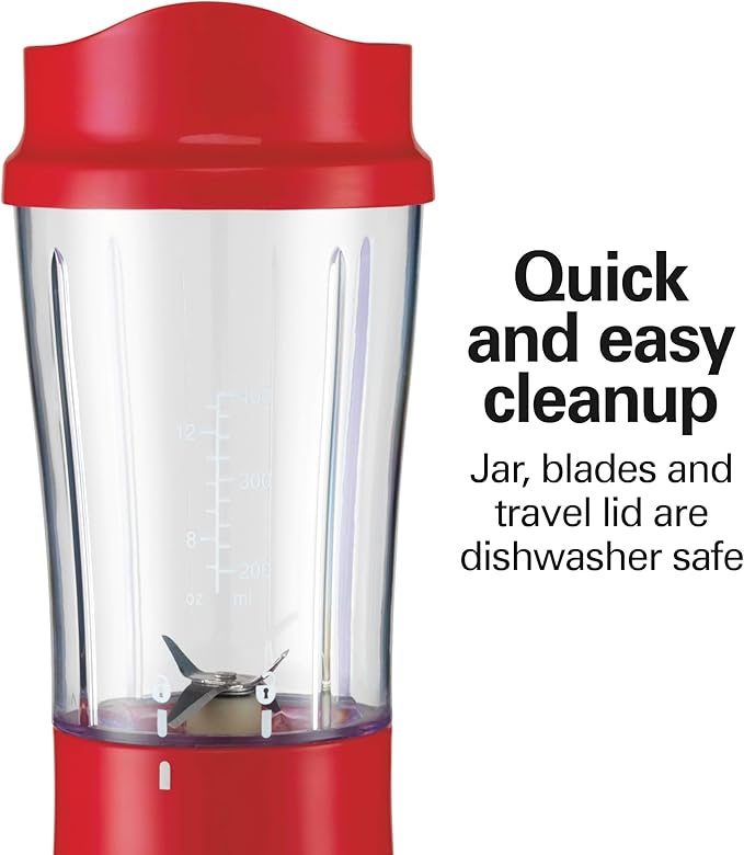 Hamilton Beach Portable Blender for Shakes and Smoothies, 14 Oz BPA Free Travel Cup & Lid, Durable Stainless Steel Blades, Personal Smoothie Blender, Red (51101RV)