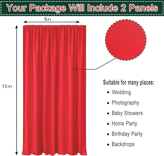 Hiasan Red Backdrop Curtains for Parties, Polyester Photography Backdrop Drapes for Family Gatherings, Wedding Decorations, 5ftx10ft, Set of 2 Panels