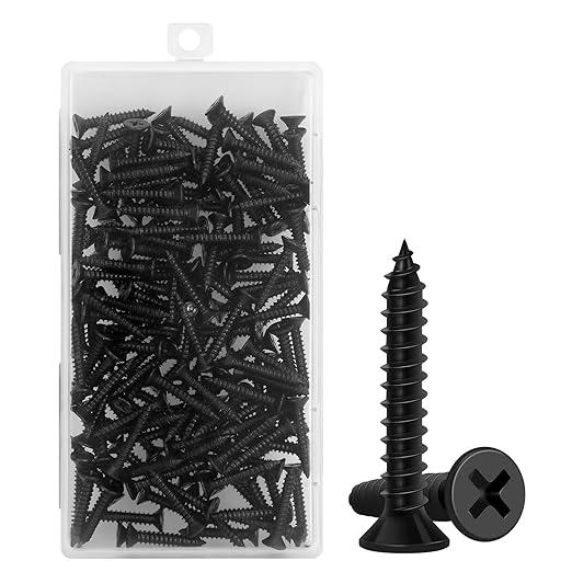 Wood Screws 1 Inch, 130 PCS FIXLINK Premium Flat Head Phillips Black Wood Screws, Self Tapping Electrophoresis Used in Indoor Furniture, Woodworking (8 x 1)