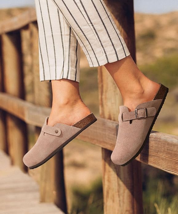 KIDMI suede clogs with cork footbed, arch support, adjustable straps, and non-slip sole for comfortable all-day wear.