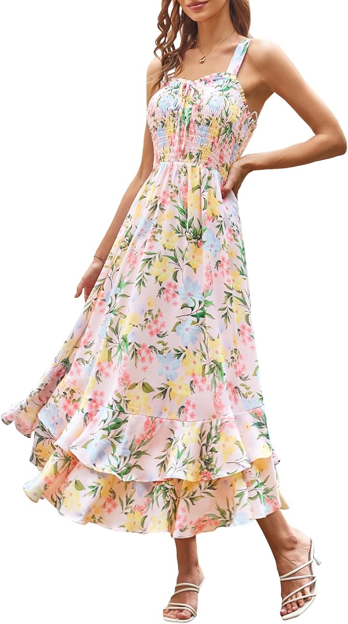GRACE KARIN Women's 2025 Summer Floral Boho Dress Square Neck Strapped Swing A Line Sundress Beach Long Maxi Outfits