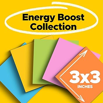 Post-it Super Sticky Notes, 3x3 in, 6 Pads, 2X The Sticking Power, Energy Boost Collection, Bright Colors (Orange, Pink, Blue, Green),Recyclable (654-6SSAU)