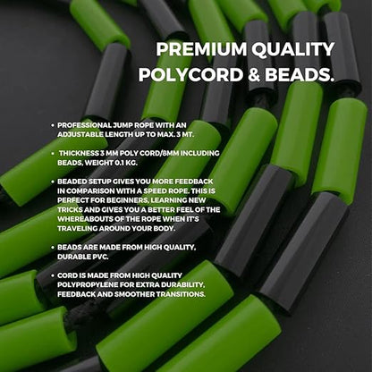Professional Beaded Jump Rope - 3m Adjustable, Quality Beads & Poly Cord - For Freestyle, Cardio & Tricks - All Levels & Indoor/Outdoor Use
