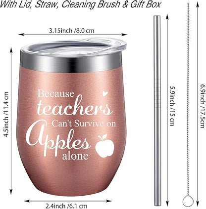 2 Pieces Teacher Can't Survive on Apples Alone, Thank You Teacher Appreciation Gift for Women Funny Birthday Christmas Thanksgiving Teacher Gifts 12 oz Wine Tumbler with Straw and Cleaning Brush