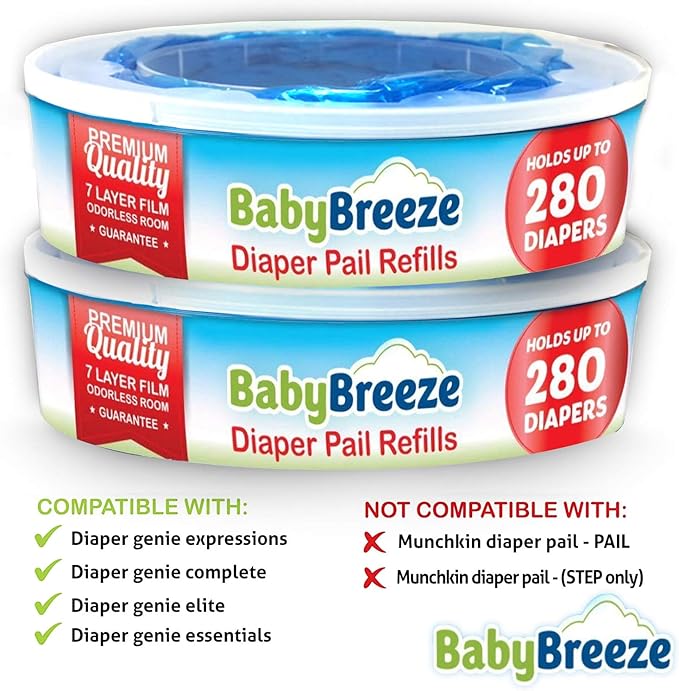 Diaper Pail Refill Bags Compatible with Playtex Diaper Genie Diaper Disposal System - 560 Count (2 Pack) ‚Äì by BabyBreeze