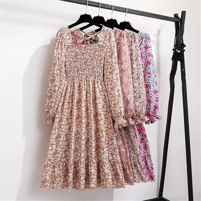 Women Casual Dress Long Sleeve Printed Floral Elastic Chest Lace Up A-Line Midi Chiffon Dresses