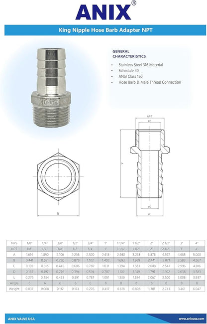 Stainless Steel 316 KC King Nipple Hose Barb Adapter NPT (2")