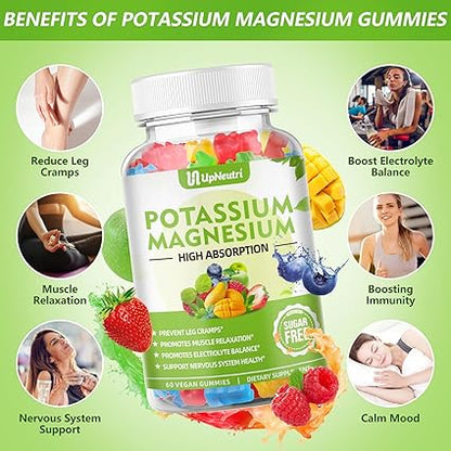 Potassium Magnesium Supplement Gummies for Adults Kids, Sugar-Free Potassium Gummies Supports Leg Cramps  Muscle  Immune Health, High Absorption Vegan Magnesium Gummies 5 Fruit Flavor 60 Cts