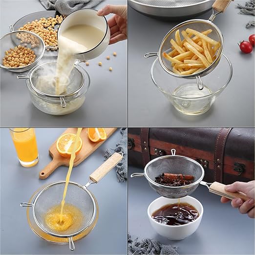Fine Mesh Strainer 5" 6" 8", Stainless Steel 40 Mesh Sieve with Wooden Handle, Kitchen Metal Sifter Food Strainer for Quinoa, Pasta, Fruits, Vegetables, Rice, Set of 3