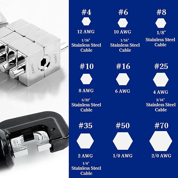 AMZCNC Hydraulic Crimping Tool Kit - with 9 US Standard Copper Cable Dies (12AWG to 20AWG) and 8 Copper Cable Dies (12AWG to 20AWG) and 18" Stainless Steel Cable Dies
