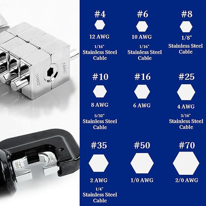 AMZCNC Hydraulic Crimping Tool Kit - with 9 US Standard Copper Cable Dies (12AWG to 20AWG) and 8 Copper Cable Dies (12AWG to 20AWG) and 18" Stainless Steel Cable Dies