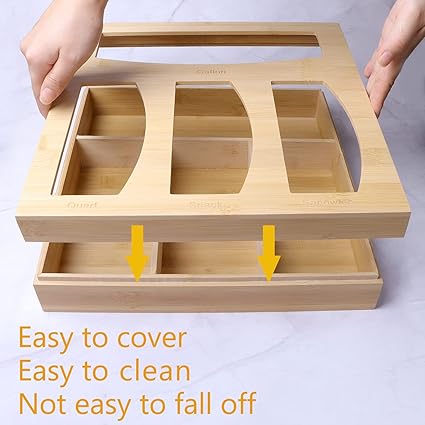 Ziplock Bag Organizer for Kitchen Plastic Bag Storage, Premium Bamboo Organizer, Food Storage Bag Holders for Gallon, Quart, Sandwich and Snack Variety Size Bag