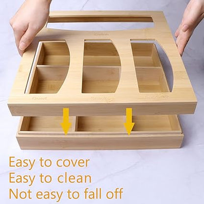 Ziplock Bag Organizer for Kitchen Plastic Bag Storage, Premium Bamboo Organizer, Food Storage Bag Holders for Gallon, Quart, Sandwich and Snack Variety Size Bag