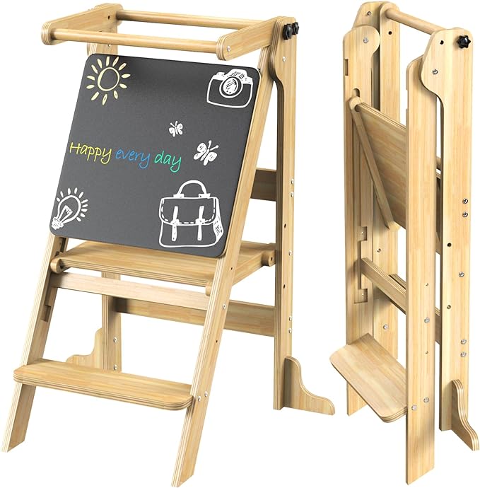 Toddler Tower Foldable - Kids Kitchen Step Stool with 3 Adjustable Heights  Safety Rail, Montessori Tower with Chalkboard for Learning, Standing Tower Helper Stool for Kitchen Counter Sink (Natural)