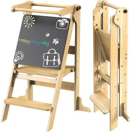 Toddler Tower Foldable - Kids Kitchen Step Stool with 3 Adjustable Heights  Safety Rail, Montessori Tower with Chalkboard for Learning, Standing Tower Helper Stool for Kitchen Counter Sink (Natural)