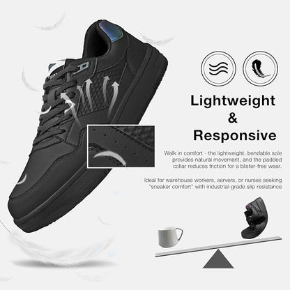 8.5 Men, 10 Women, SPIEZ Non Slip Work Shoes for Men Women, Slip & Oil Resistant Food Service Shoes, Lightweight Reflective Deign Kitchen Sneakers - Restaurants Floor to Streetwear Ready, Black US 4.5-13.5