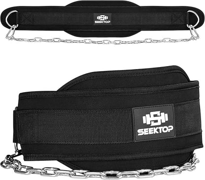 Seektop Dip Belt for Weightlifting - GYM Workout Pull Ups Belt with Chain, Neoprene Waist Dip Belt Crossfit for Weight Lifting, Squat, Training, Fitness, Men  Women (Belt  Chain)