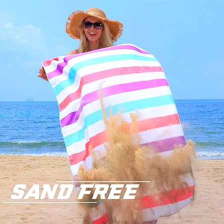 Exclusivo Mezcla Large Microfiber Quick Dry Beach Towel, Lightweight Sand-Free Cabana Stripe Pool Travel Camping Towel with Bag (Purple, 30x60 Inches)