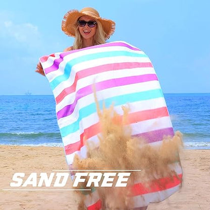 Exclusivo Mezcla Large Microfiber Quick Dry Beach Towel, Lightweight Sand-Free Cabana Stripe Pool Travel Camping Towel with Bag (Purple, 30x60 Inches)