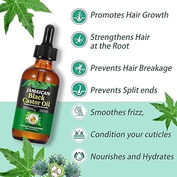 Jamaican Black Castor Oil, Organic Castor Oil for Hair Growth, Cold Press Unrefined, Thicker Eyelashes and Eyebrows, Massage Oil for Aromatherapy 60ML