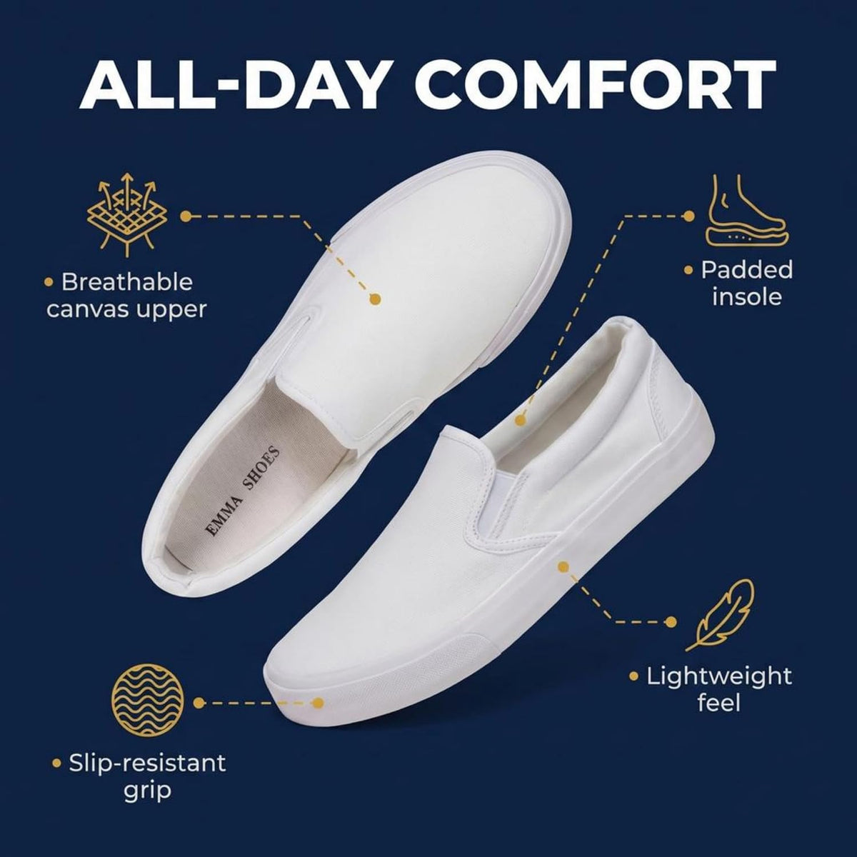 Emma Shoes Low-Top Slip Ons Women's Fashion Sneakers Casual Canvas Sneakers for Women Comfortable Flats Breathable Padded Insole Slip on Sneakers Women Low Slip on Shoes.