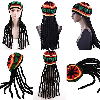 Unisex Rasta Wig Braids Hat Knitted Jamaican Rasta Beanie Cap with Dreadlocks Halloween Costume for Men Women