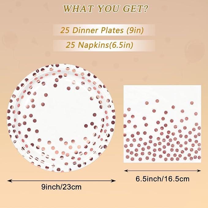 50Pcs White and Rose Gold Paper Plates and Napkins Set - 9 inch Gold Foil Dot Disposable Dessert Party Paper Plates Napkins Party Supplies, for Birthday Baby Shower Weddings, All Occasions Serves 25