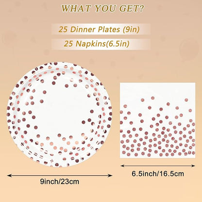 50Pcs White and Rose Gold Paper Plates and Napkins Set - 9 inch Gold Foil Dot Disposable Dessert Party Paper Plates Napkins Party Supplies, for Birthday Baby Shower Weddings, All Occasions Serves 25