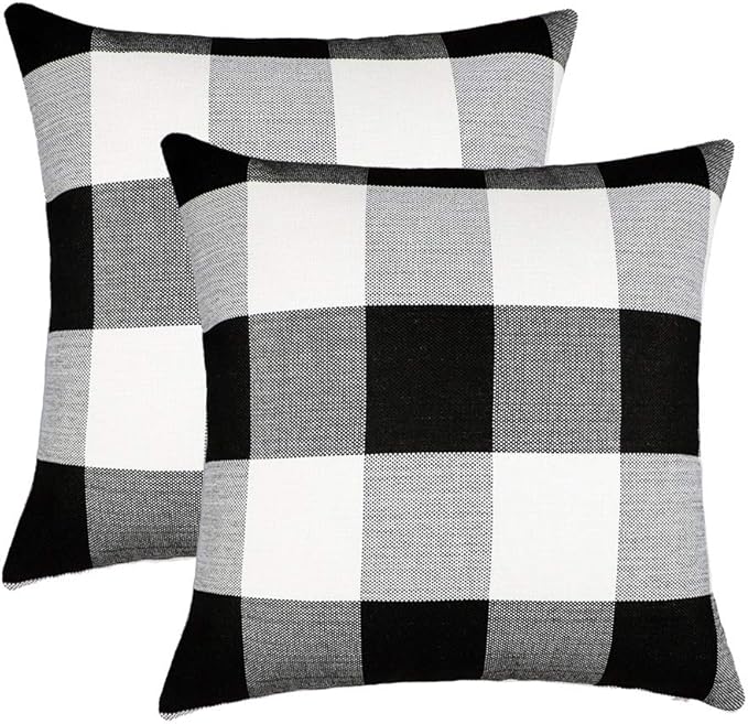 4TH Emotion Set of 1 Farmhouse Buffalo Check Plaid Throw Pillow Covers Cushion Case Polyester Linen for Fall Home Decor Black and White, 18 x 18 Inches