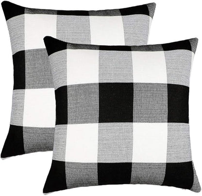 4TH Emotion Set of 1 Farmhouse Buffalo Check Plaid Throw Pillow Covers Cushion Case Polyester Linen for Fall Home Decor Black and White, 18 x 18 Inches