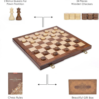 AMEROUS Wooden Chess & Checkers Set with Upgraded Weighted Chess Pieces, 15 Inches (2 in 1) Chess Board Games for Kids, Adults w/ 2 Extra Queens / 24 Cherkers Pieces/Gift Package