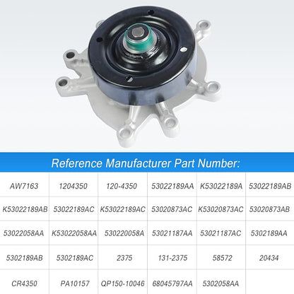 Water Pump with Gasket 1204350 AW7163 Replacement For Commander Dodge Ram 1500 Dakota Durango Replacement For Grand Cherokee Liberty Chrysler Aspen Replacement For Mitsubishi Raider 3.7L V6 4.7L V8