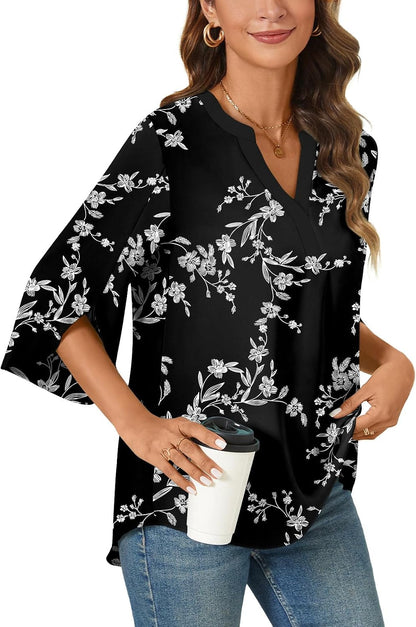 Anyally Women's Chiffon Blouses 3/4 Sleeve Summer Dressy Tunic Tops Casual Loose V Neck T-Shirts