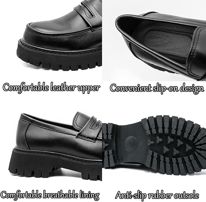 Men's Leather Platform Chunky Slip-On Penny Loafers Classic Round Toe Lug Sole Business Casual Formal Work Shoes
