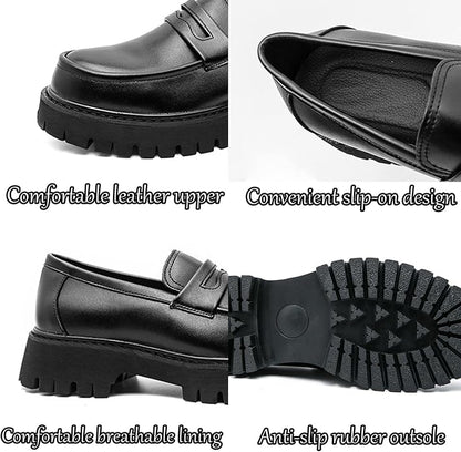 Men's Leather Platform Chunky Slip-On Penny Loafers Classic Round Toe Lug Sole Business Casual Formal Work Shoes
