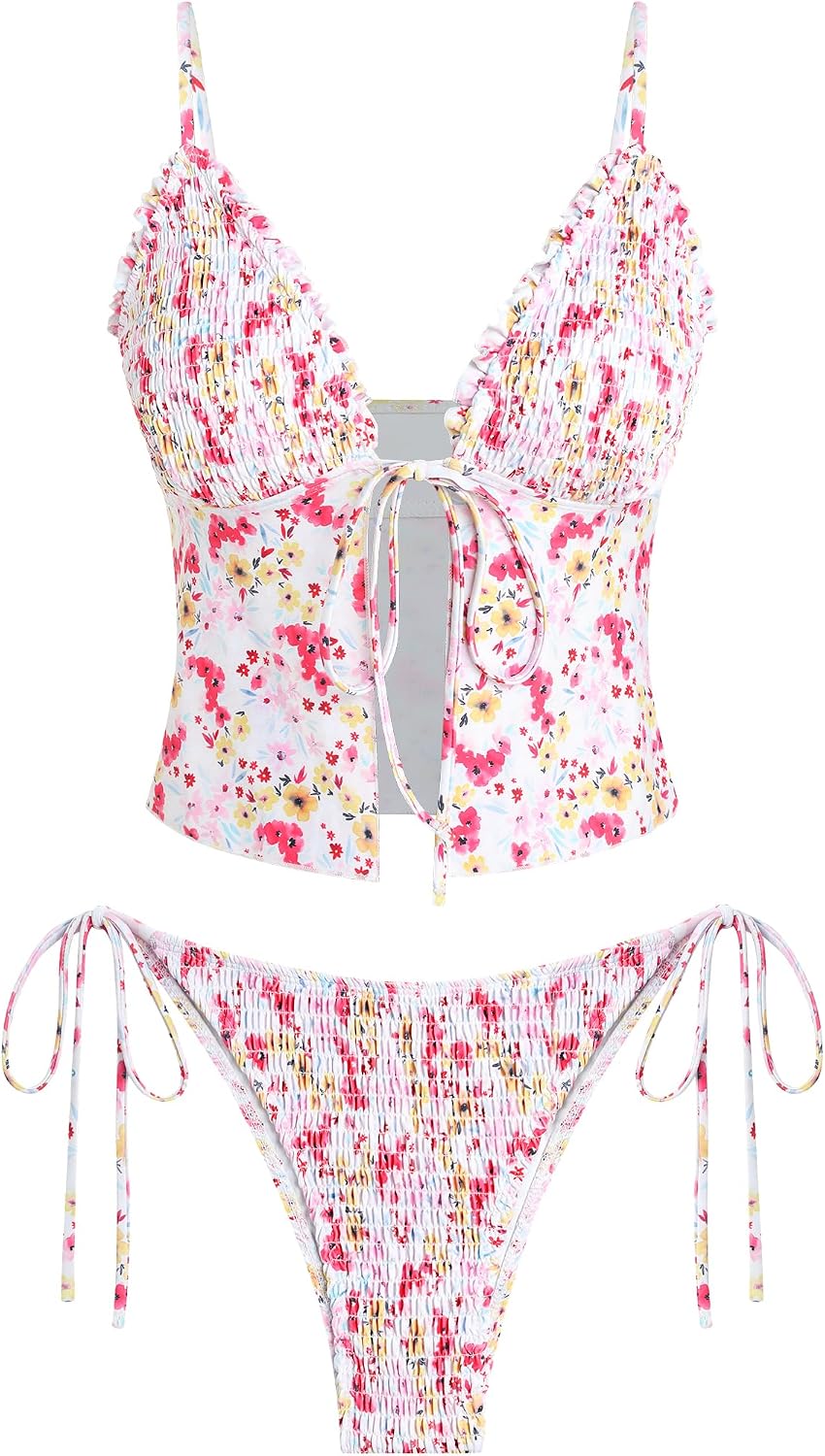 Size Large Deal: ZAFUL Tankini Swimsuits for Women Smocked Ruffles Tie Front Bowknot Textured High Cut Tanga Tankini Set