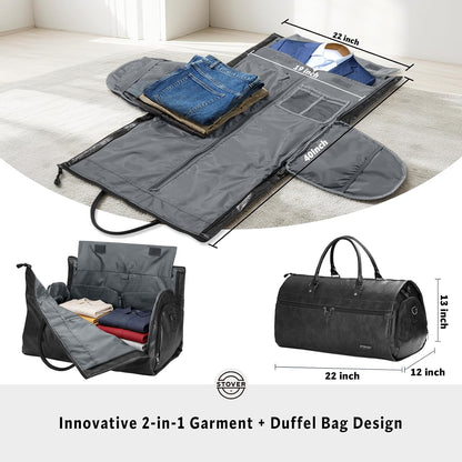 Garment Travel Duffle Bag, Large 2-in-1 Convertible Carry-on Luggage for Men & Women- Hanging Suits, Dresses & Clothes + Shoe Compartment- Weekender Tote Combo Duffel (Black Leatherette)