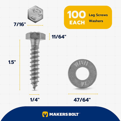 1/4 x 1-1/2 (100 Pack) Lag Screw Kit, 100 Screws and 100 washers, Hot Dip Galvanized, Meets ASME B18.2.1 Industrial/Commercial Grade by Makers Bolt