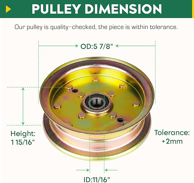 Flat tensioner pulley for AYP Husqvarna 539112196 539131148 539132728 589766101 589766102 fits EZ 4220 EZ4824 EZ 5225 EZ 5226 Poulan Pro 461102 ZX 46.1 in Zero turn lawn mowers