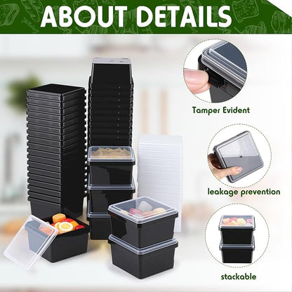Blushtier 12 oz 50 Pack Small Square Deli Containers with Lids Plastic Freezer Food Reusable Meal Dessert Ice Cream Containers with Labels for Takeout Meal Storage Microwave Freezer Safe(Black)