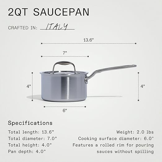 Made In Cookware - 2 Quart Stainless Steel Saucepan with Lid - 5 Ply Stainless Clad Sauce Pan - Professional Cookware - Crafted in Italy - Induction Compatible