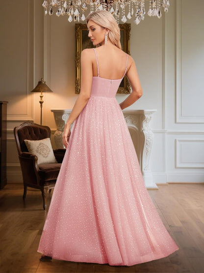YHHOWEP Women's Sparkly Prom Gowns Glitter Sequin Tulle A Line Long Formal Evening Gown Dresses High Waist Maxi Party Dress .