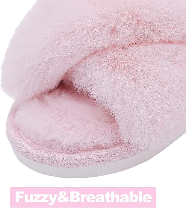 Evshine Women's Fuzzy Slippers Cross Band Memory Foam House Slippers Open Toe
