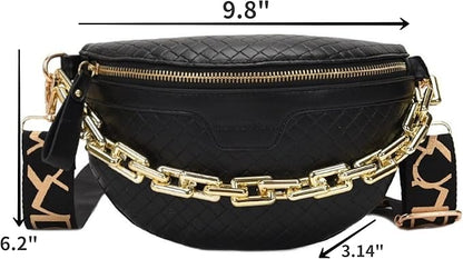 Thick Chain Women's Fanny Pack Plaid leather Waist Bag Shoulder Crossbody Chest Bags Luxury Designer Handbags Female Belt Bag (Black)
