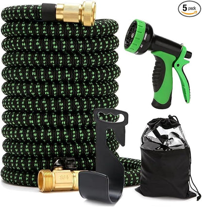 MQUAD Ultimate Expandable Garden Hose - Heavy Duty, Tangle-Free, Flexible with 10-Pattern Spray Nozzle, Solid Brass Connectors, 4-Layer Latex Core, Storage Bag, and Holder (Black/Green, 50FT)