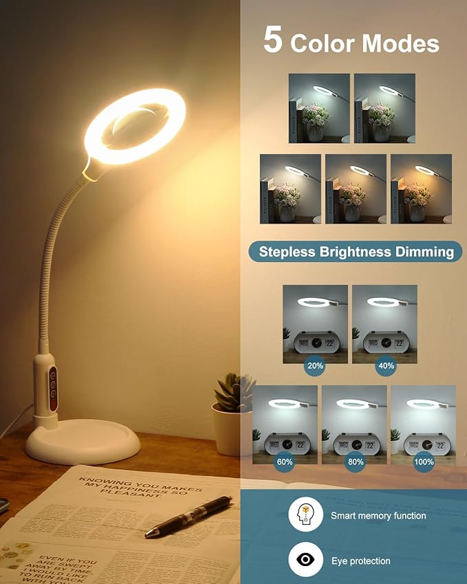 10X Magnifying Glass with Light , LED 5 Color Modes, Brightness Stepless Dimming Lighted Magnifier Hands Free, Flexible Gooseneck Desk Lamp, Crafts, Hobby - White